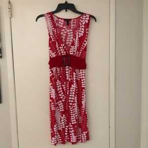 FANG Red & White Pattern Knit Midi Dress! With plastic buckle, tieback sash! XL